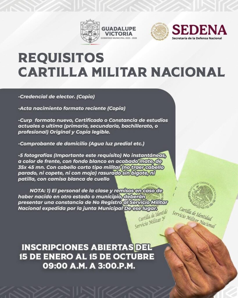 Invitan a jóvenes a realizar su trámite de Cartilla Militar Nacional en Guadalupe Victoria