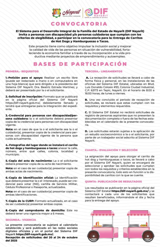 Convoca el DIF a quienes quieran aplicar para un carrito de hot dogs o hamburguesas