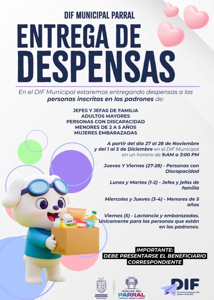 DIF Municipal de Parral anuncia fechas para la entrega de despensas a grupos prioritarios