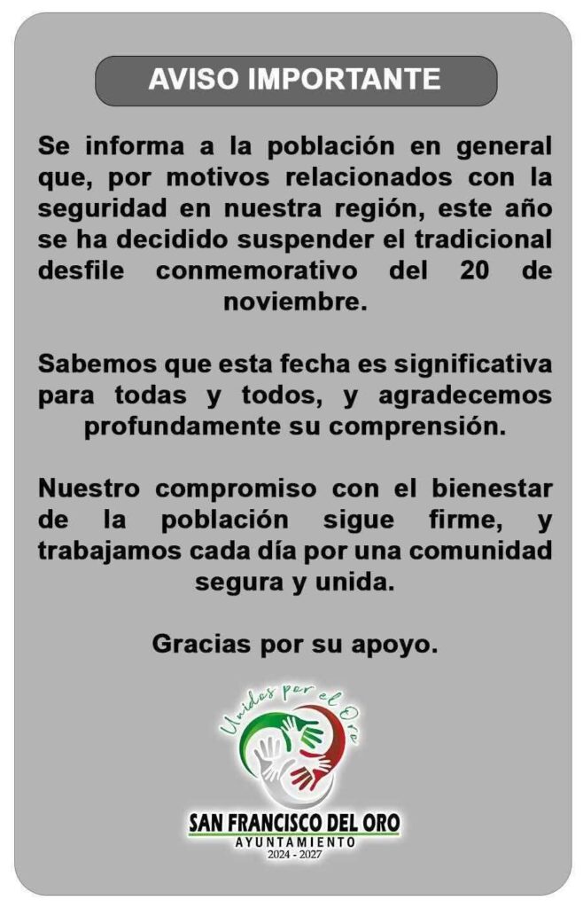 Cancelan también desfile del 20 de Noviembre en San Francisco del Oro
