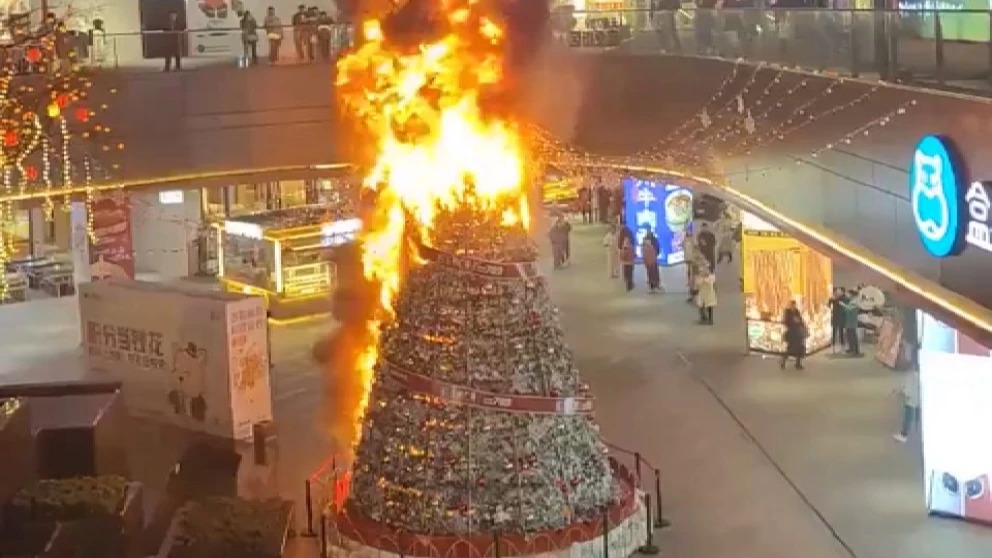 VIDEO: Árbol de Navidad se incendia dentro de plaza comercial