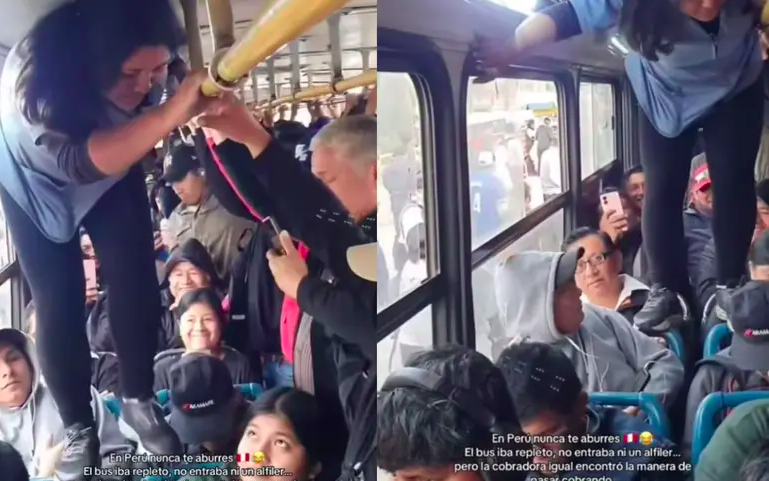 Cobradora de bus de Lima camina sobre asientos para cobrar pasaje