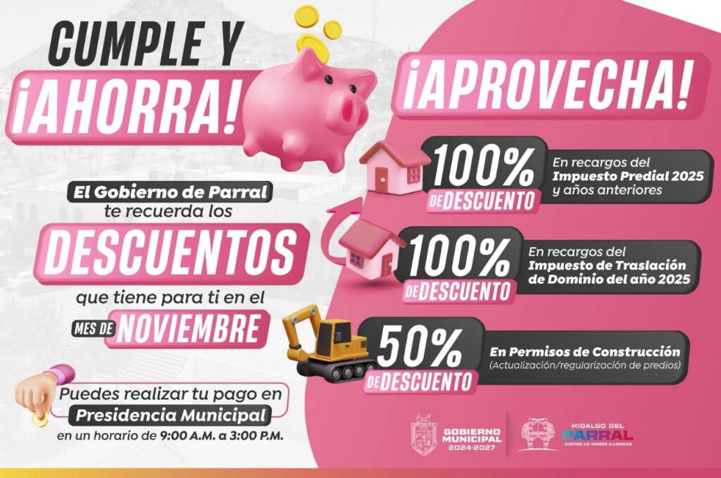 Anuncia el alcalde Salvador Calderón descuentos durante noviembre en apoyo a la economía de las familias parralenses