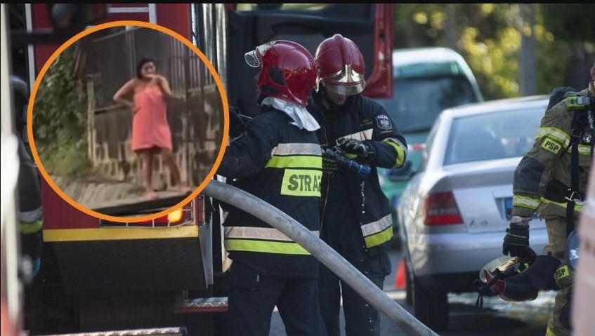 Mujer sale en toalla y cepillándose los dientes para ver un incendio