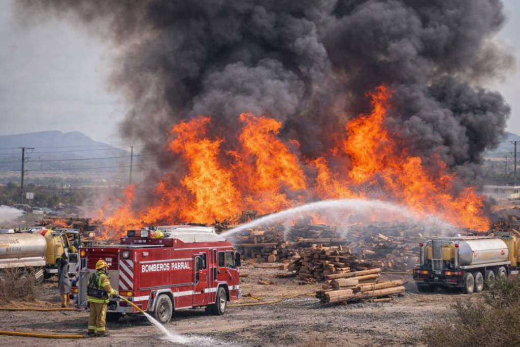 Impresionante incendio consume patio con madera en Santiaguito