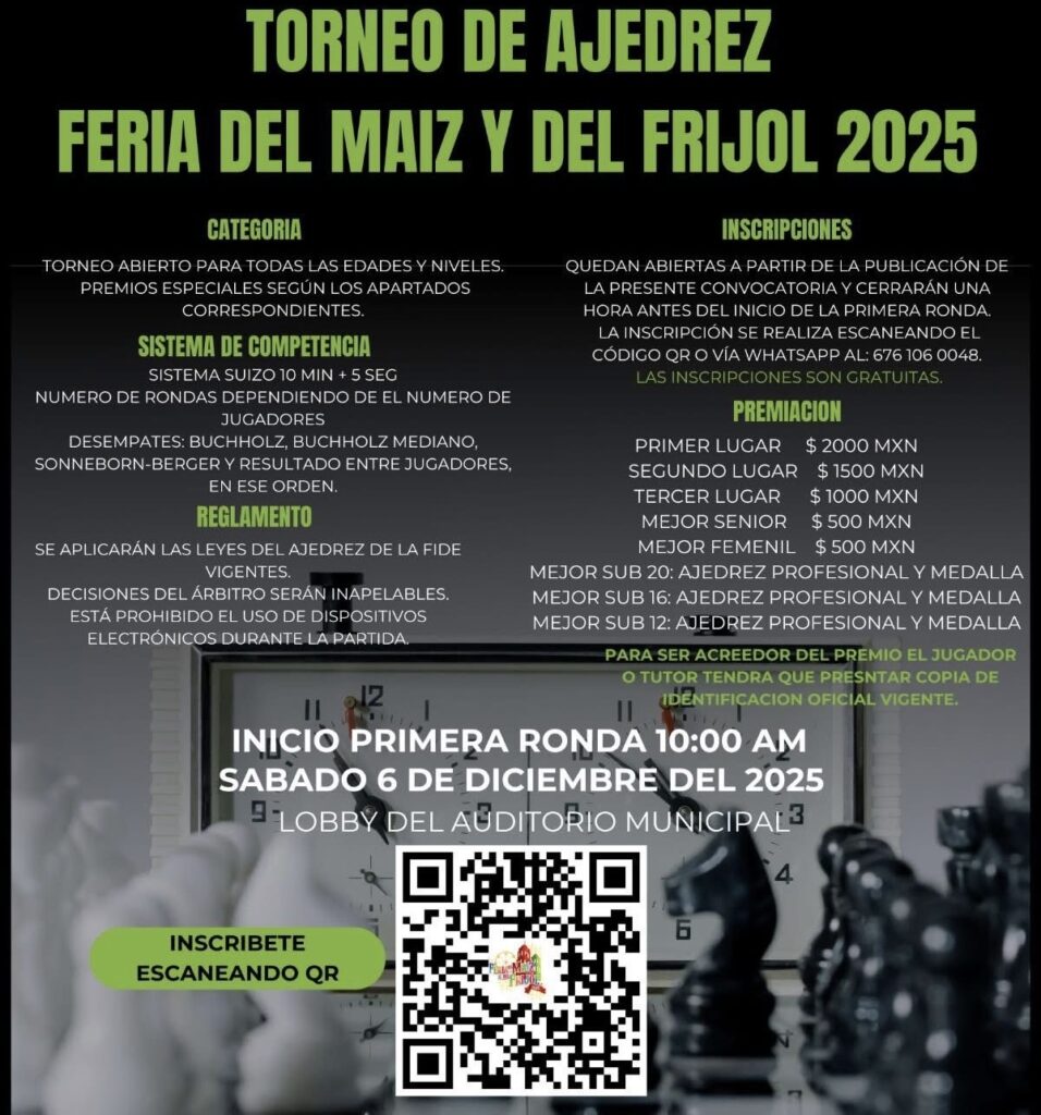 Inicia este sábado el Torneo de Ajedrez en la Feria del Maíz y del Frijol 2025