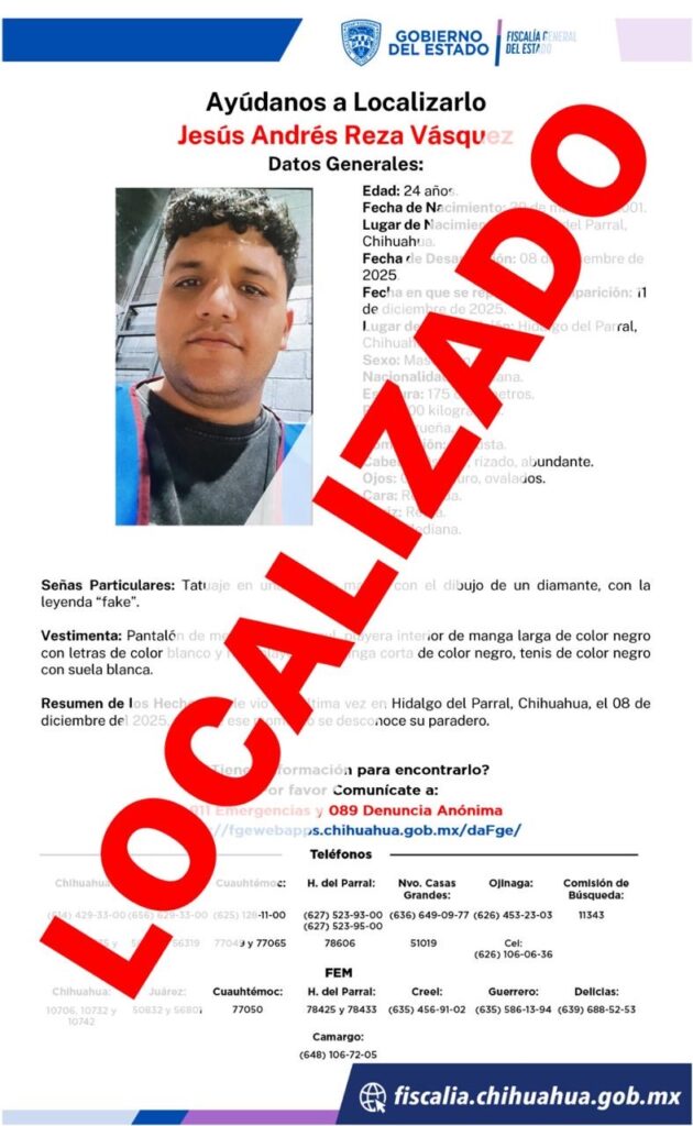 Localizan sano y salvo a joven reportado ausente en Parral