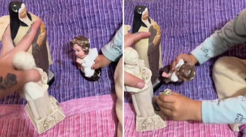 Niña se vuelve viral por usar las figuras religiosas de su abuela como juguetes