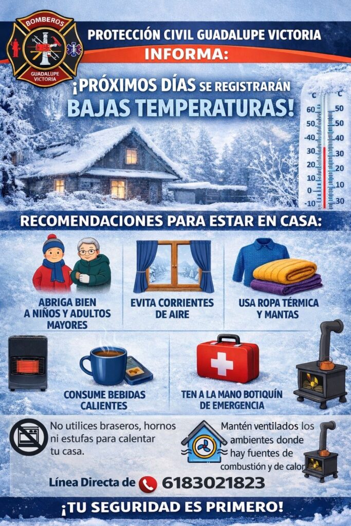 Protección Civil de Guadalupe Victoria advierte sobre descenso de temperaturas