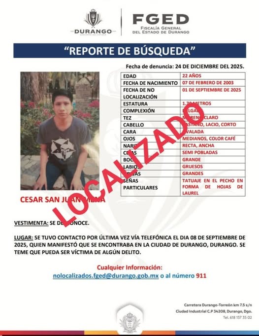 Localiza la Fiscalía General del Estado a un joven desaparecido desde septiembre del año anterior