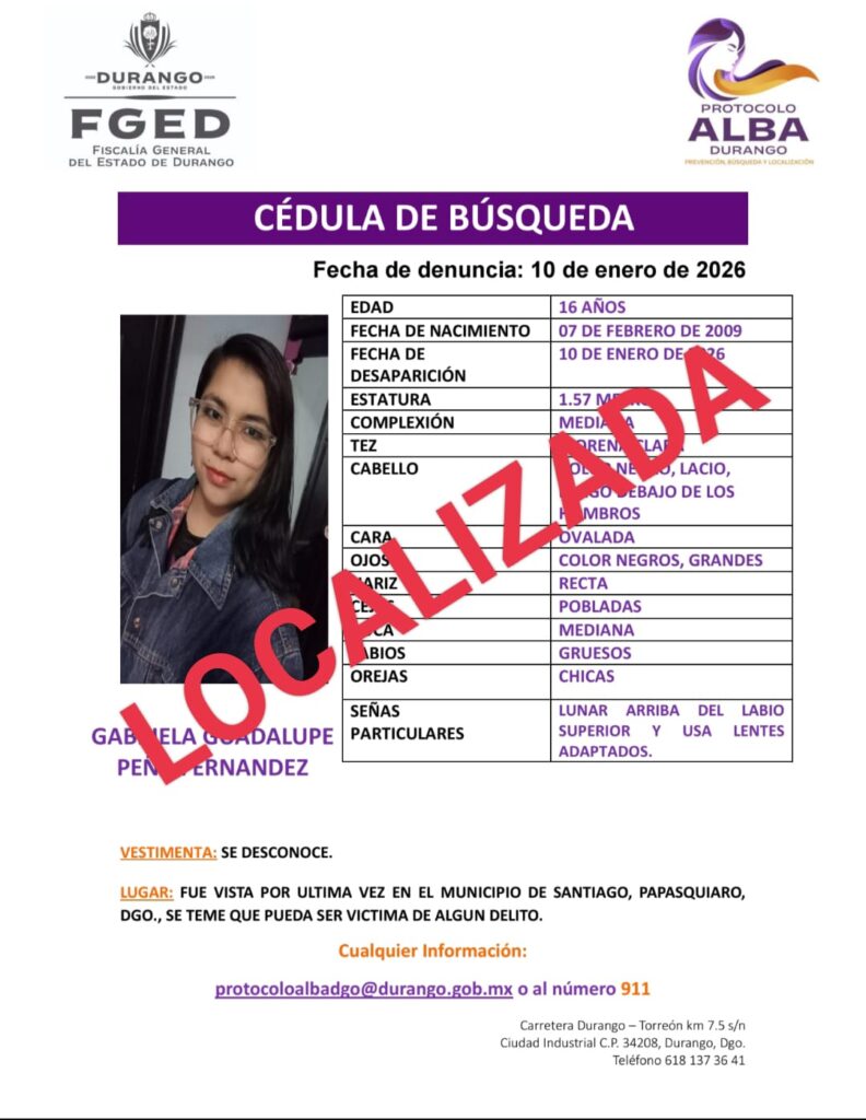 Fiscalía de Durango localiza con bien en Nayarit a jovencita reportada como desaparecida