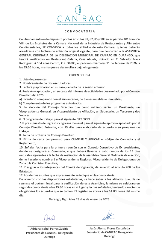 Asamblea CANIRAC Durango
