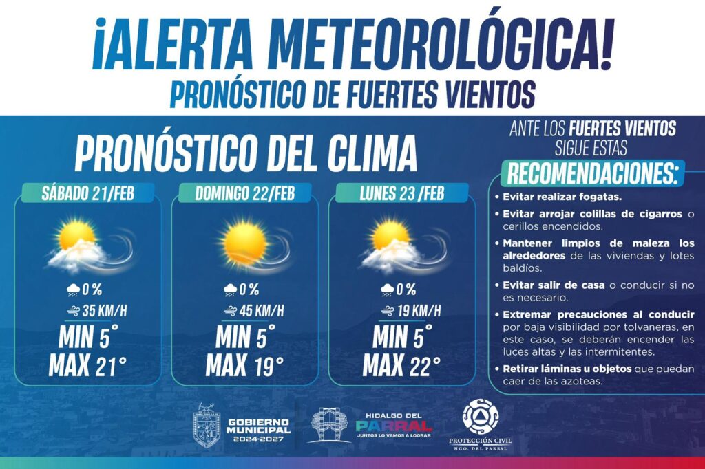Emite Gobierno de Parral recomendaciones ante pronóstico de fuertes ráfagas de viento