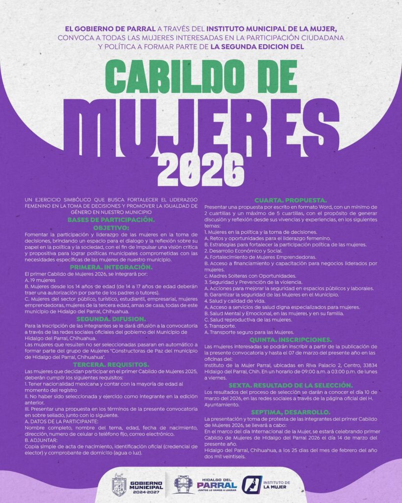 Convoca el Gobierno de Parral a integrar el Cabildo de Mujeres 2026