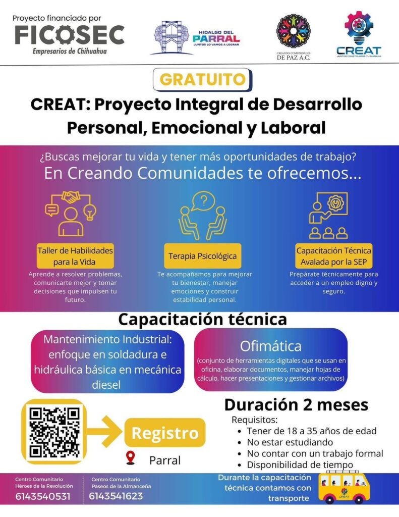 Abren convocatoria CREAT para fortalecer el desarrollo emocional y la empleabilidad juvenil en Parral