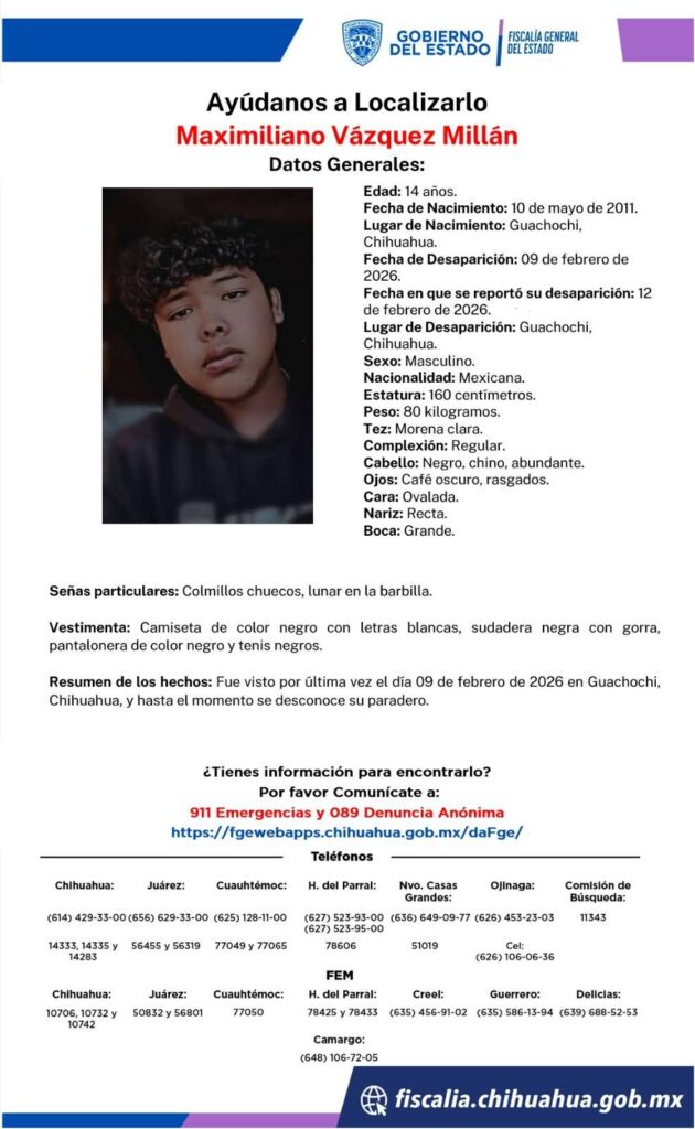Desaparece menor de 14 años en Guachochi; piden apoyo para localizarlo
