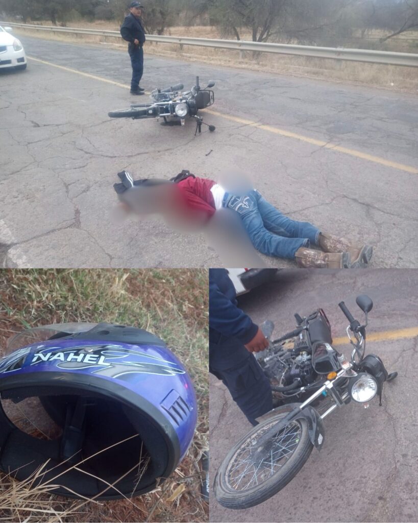 Grave al derrapar en moto y sufrir grave lesión en la cabeza; el casco lo traía en un brazo