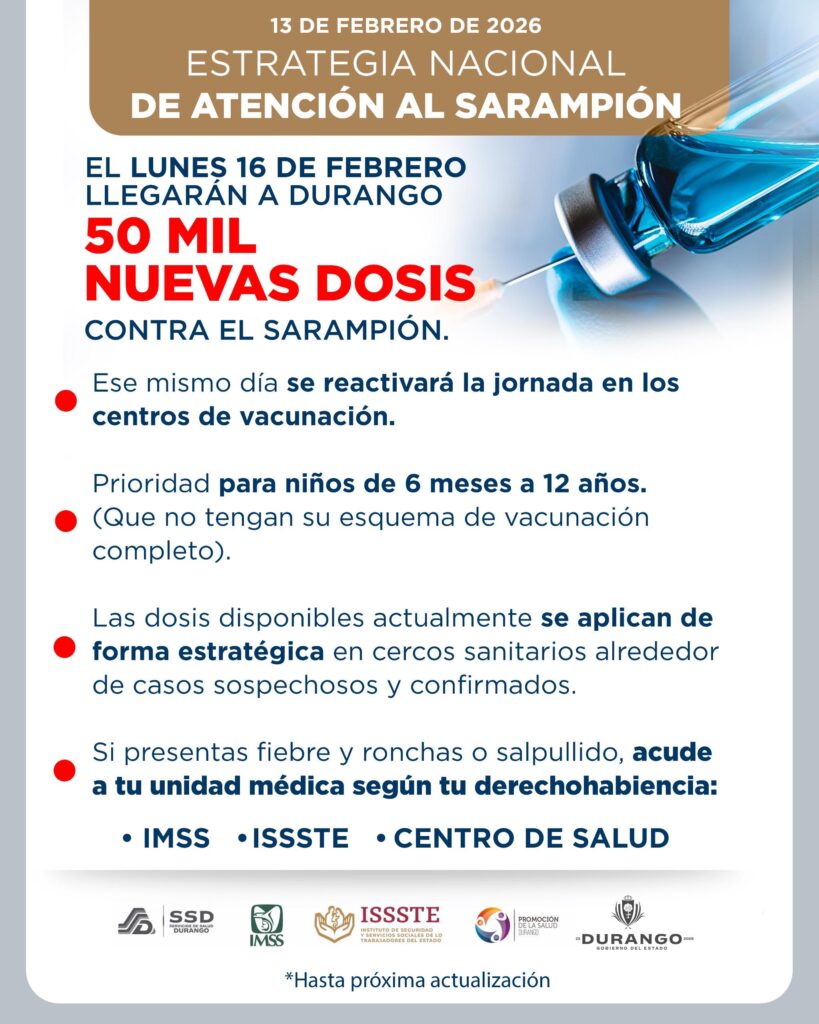 Durango recibirá 50 mil vacunas contra sarampión; prioridad a niños de 6 meses a 12 años