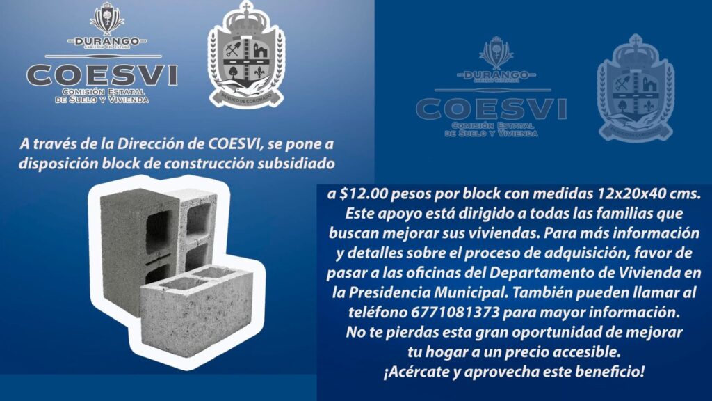 COESVI ofrece block de construcción subsidiado en Pánuco de Coronado
