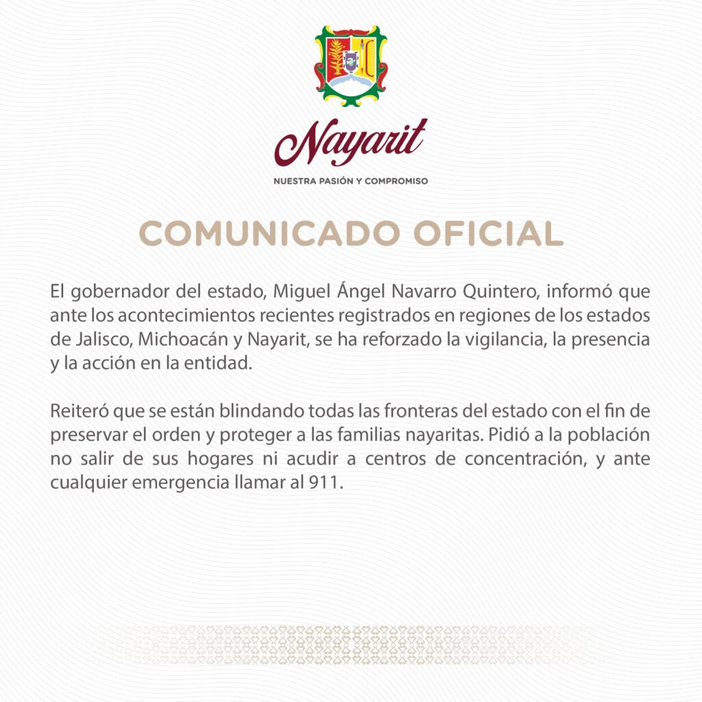 Comunicado oficial del Gobierno del Estado sobre la situación actual de inseguridad