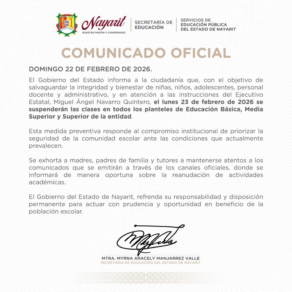 Comunicado oficial, se supenden clases el lunes 23 de febrero