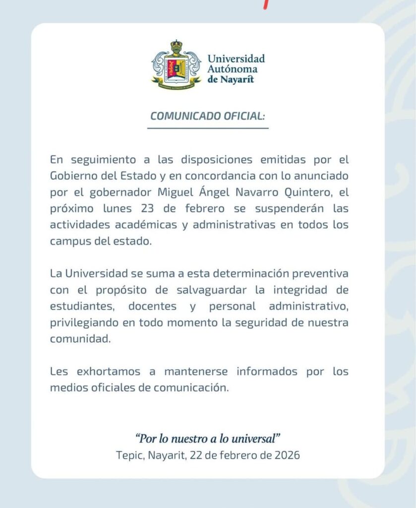Comunicado oficial de la Universidad Autónoma de Nayarit: suspenden clases