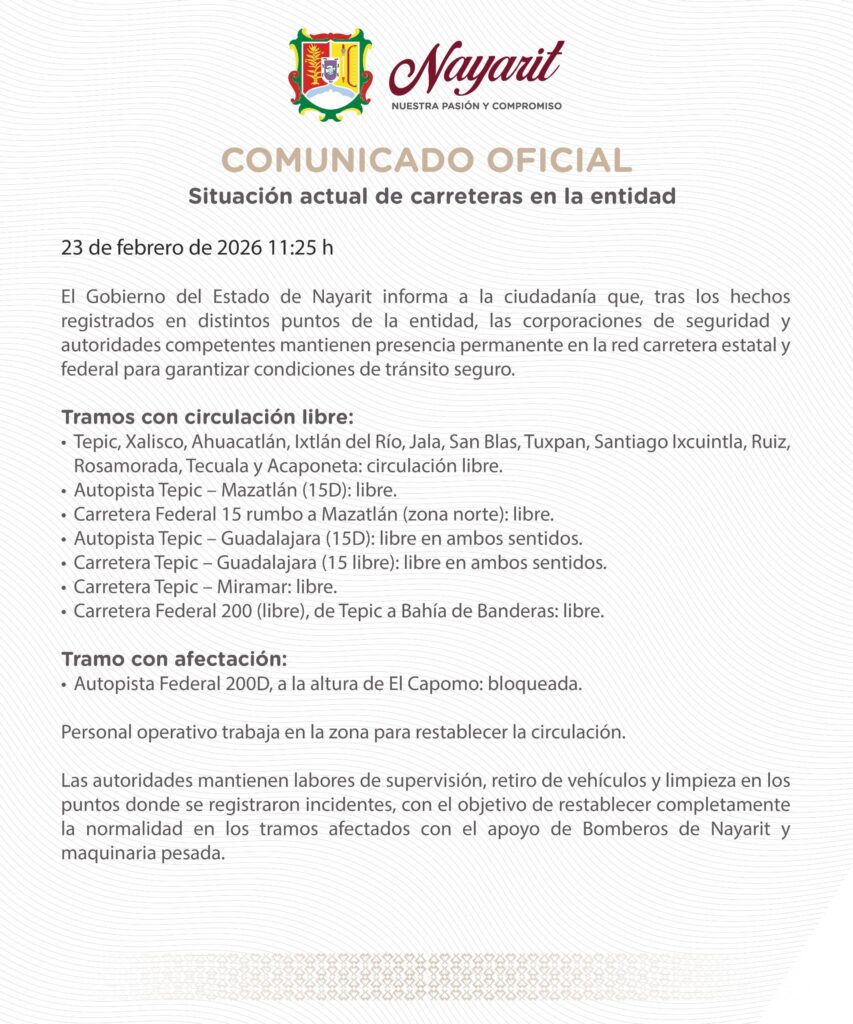 Comunicado oficial sobre el estado de las carreteras en Nayarit