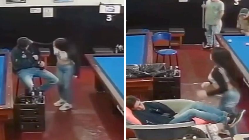 VIDEO: Mujer encuentra a su novio ebrio en un billar y se lo lleva en carretilla