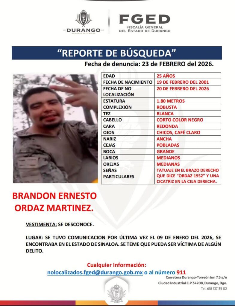 Salió de Durango para trabajar en Sinaloa y allá desapareció