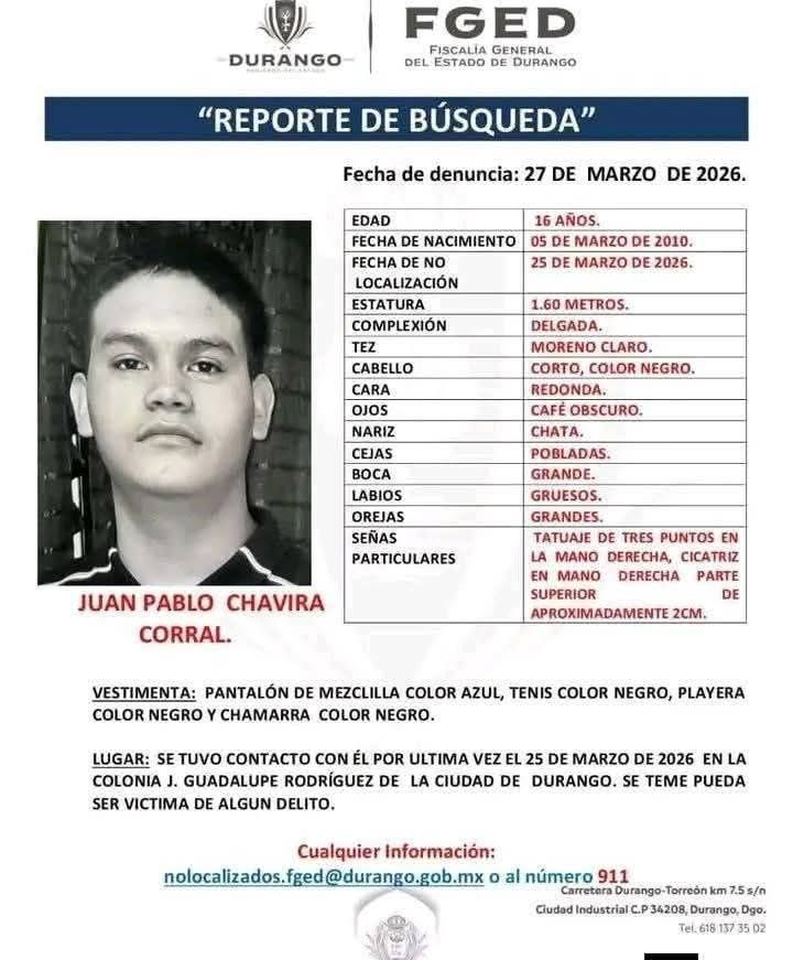 Juan Pablo Chavira Corral salió de su casa el 25 de marzo y no ha regresado