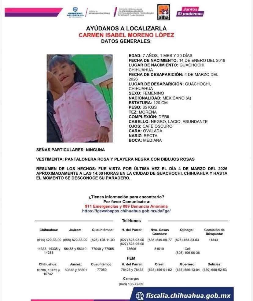Autoridades buscan a niña desaparecida en Guachochi