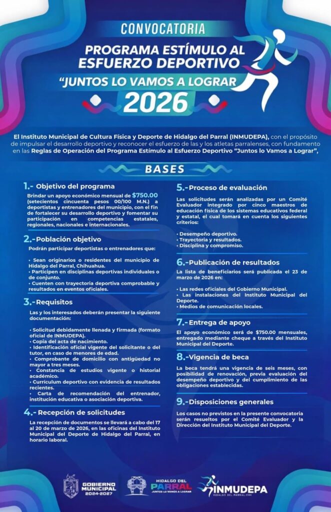 Lanza Gobierno de Parral convocatoria del Programa Estímulo al Esfuerzo Deportivo 2026