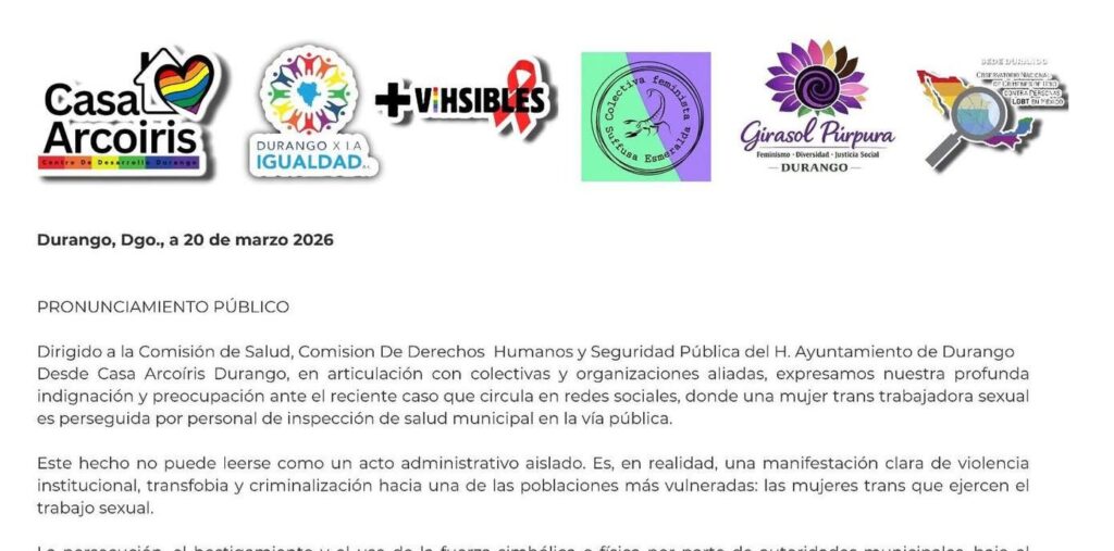 Colectivos en Durango denuncian violencia contra mujeres trans; exigen respeto a sus derechos.