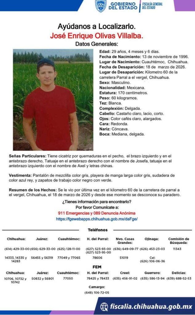 Alerta por la desaparición de un joven en Chihuahua