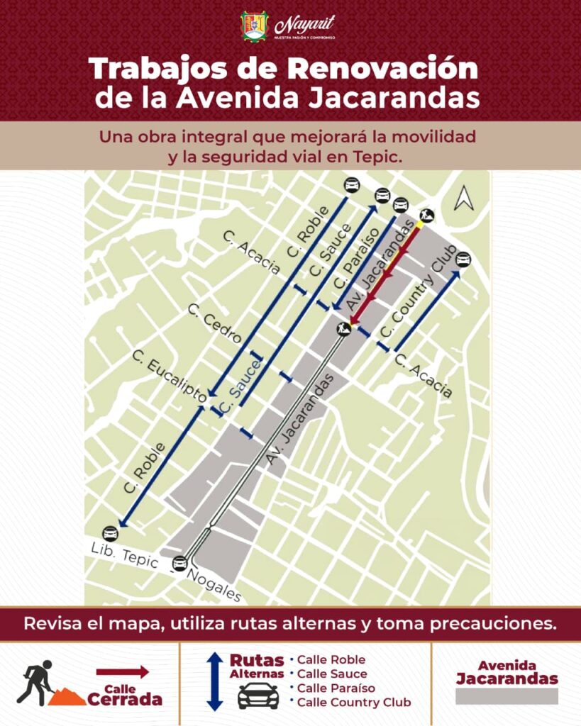 Mapa de rutas alternas por los trabajos de av Jacarandas