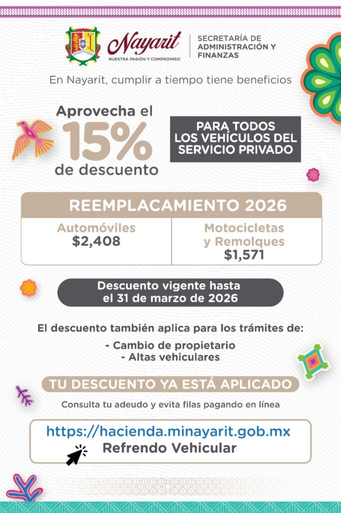 15% de descuento en el reemplacamiento vehicular para automóviles, motocicletas y remolques del servicio privado.