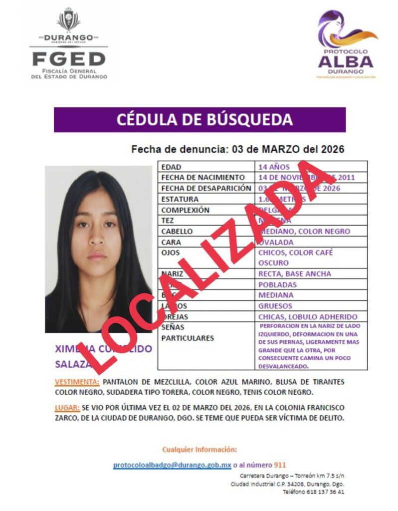 La Fiscalía de Durango encuentra sana y salva a Ximena