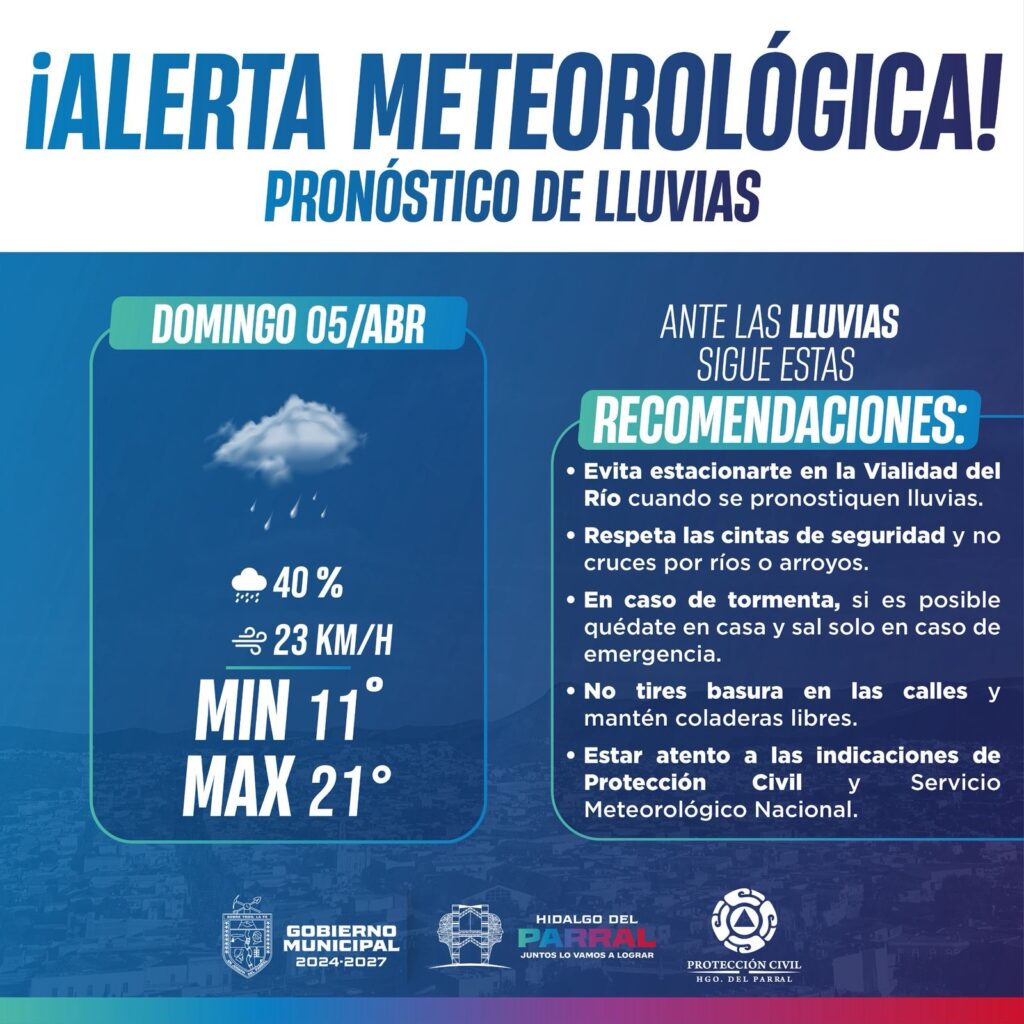 Emite Gobierno de Parral recomendaciones ante pronóstico de lluvias para este domingo