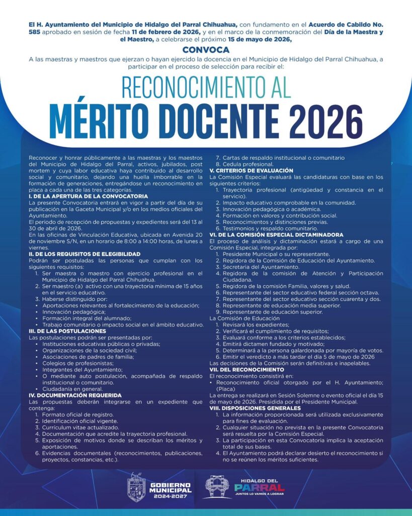 Emite Gobierno de Parral convocatoria al Reconocimiento al Mérito Docente 2026