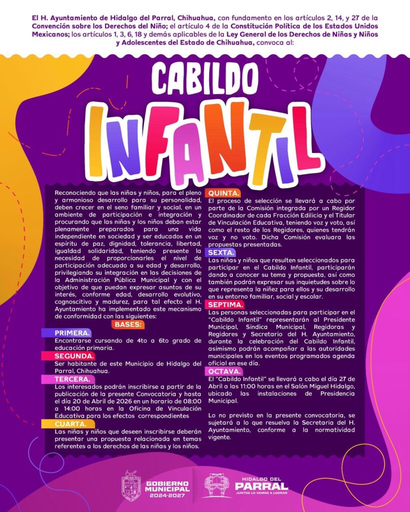 Convoca Ayuntamiento de Parral a niñas y niños a participar en el Cabildo Infantil 2026