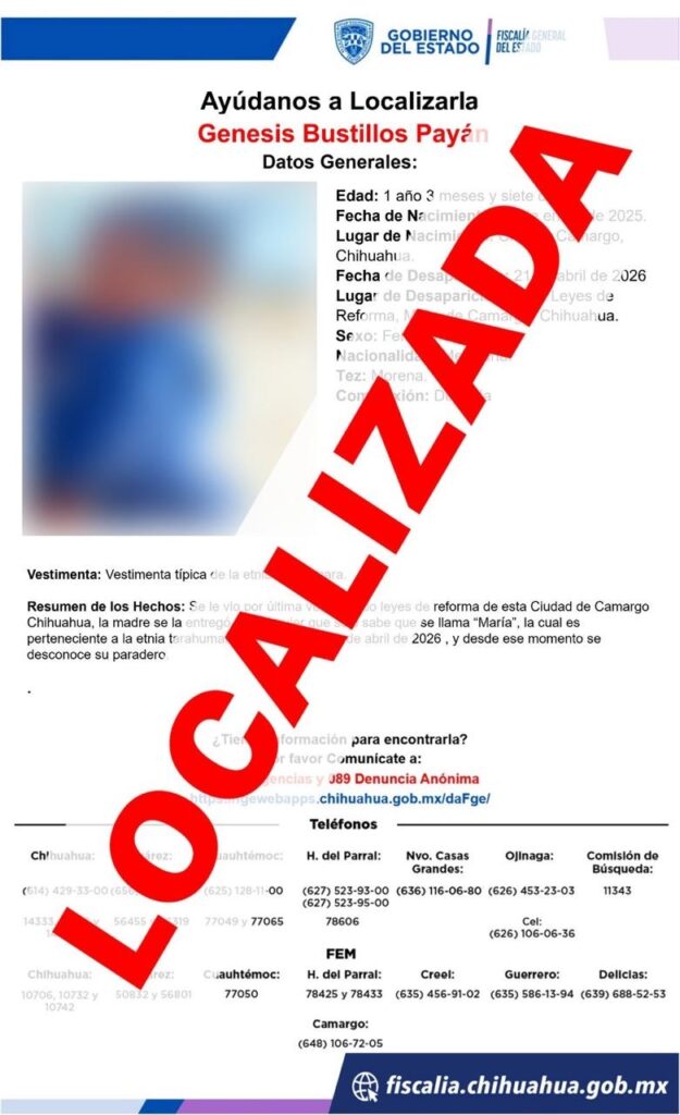 Localizan sana y salva a bebé reportada ausente en Camargo