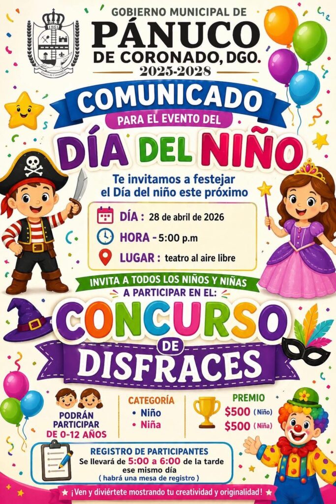 Anuncian festejo del Día del Niño con concurso de disfraces en Pánuco de Coronado