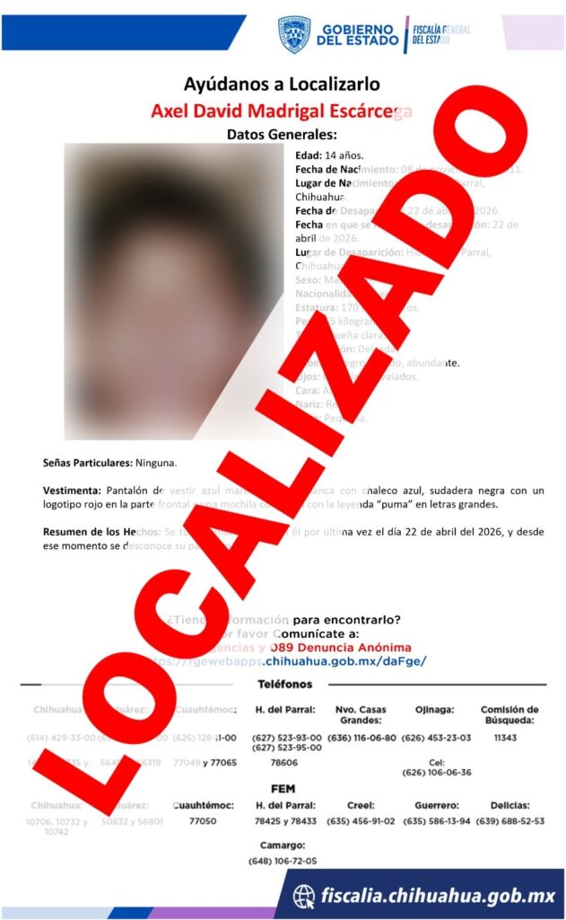 Localizan a menor ausente en Parral y lo reintegran con su familia sano y salvo
