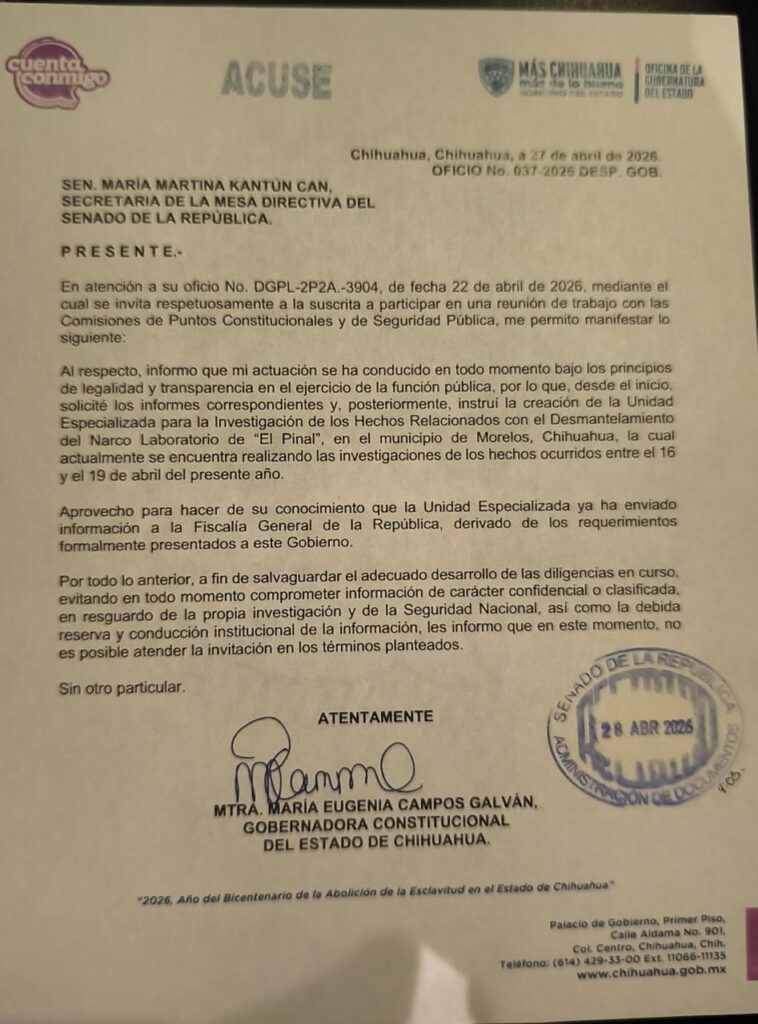 Maru Campos declina participar en reunión de trabajo en el Senado para no comprometer investigaciones en curso