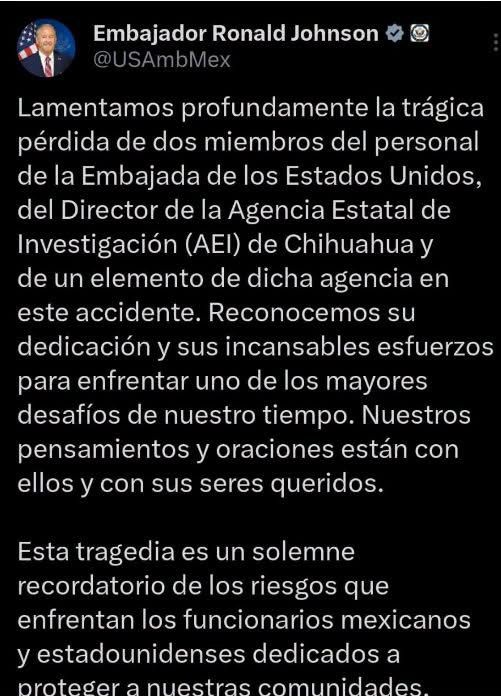 Embajador de EE.UU. lamenta muerte de personal en la sierra dos ciudadanos americanos