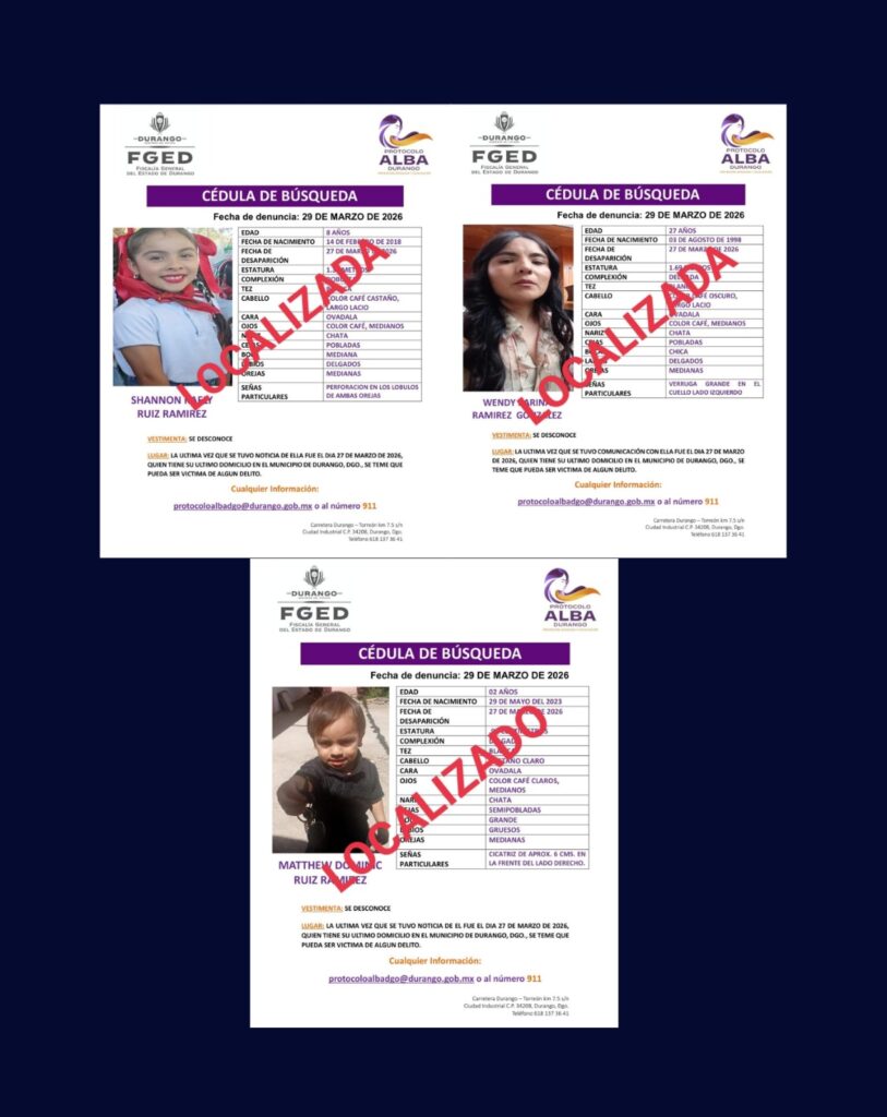 Fiscalía de Durango localiza a madre e hijos reportados como desaparecidos
