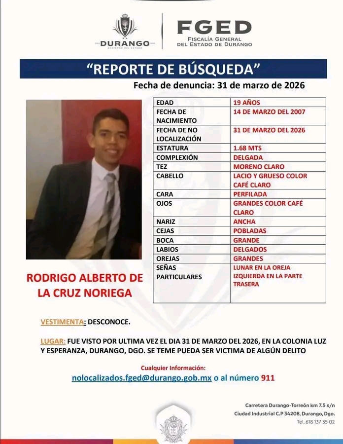 Rodrigo Alberto de la Cruz Noriega salió de su casa desde el 31 de marzo y no ha regresado