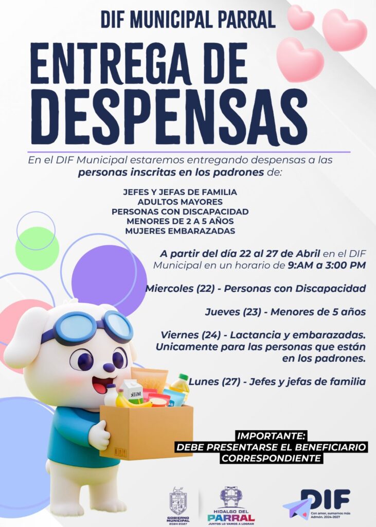 Gobierno de Parral anuncia entrega de despensas del 22 al 27 de abril