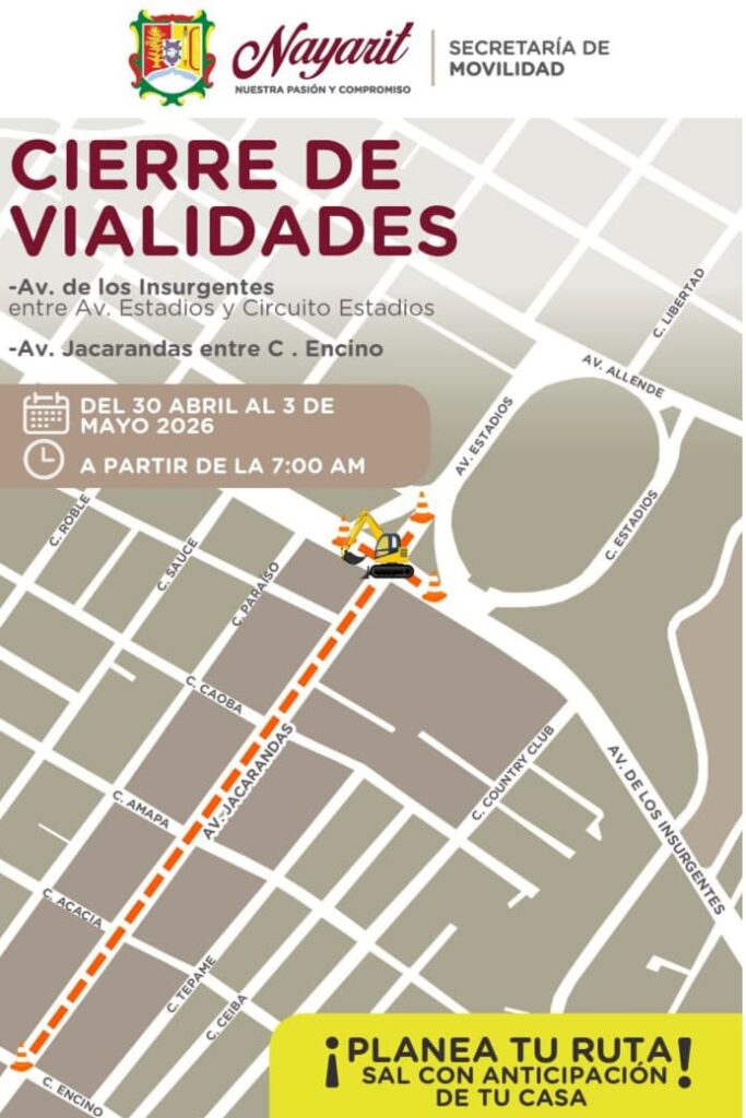 Cierre vial en avenida Jacarandas e Insurgentes del 30 de abril al 3 de mayo