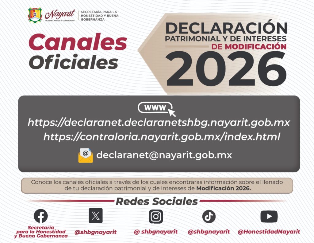 Gobierno del Estado de Nayarit invita a realizar la Declaración Patrimonial y de Intereses de Modificación 2026.